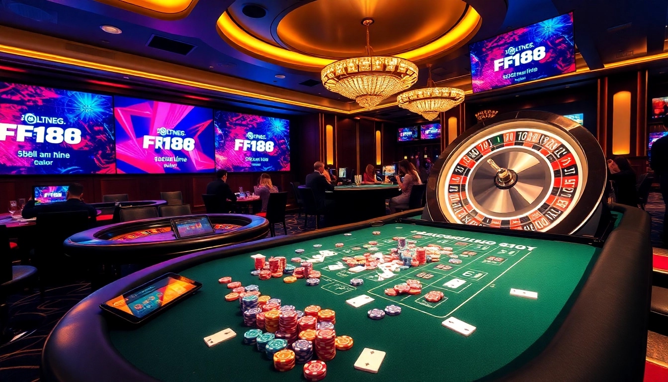 Players enjoying an exciting game at F168 casino with vibrant poker chips and roulette wheel.