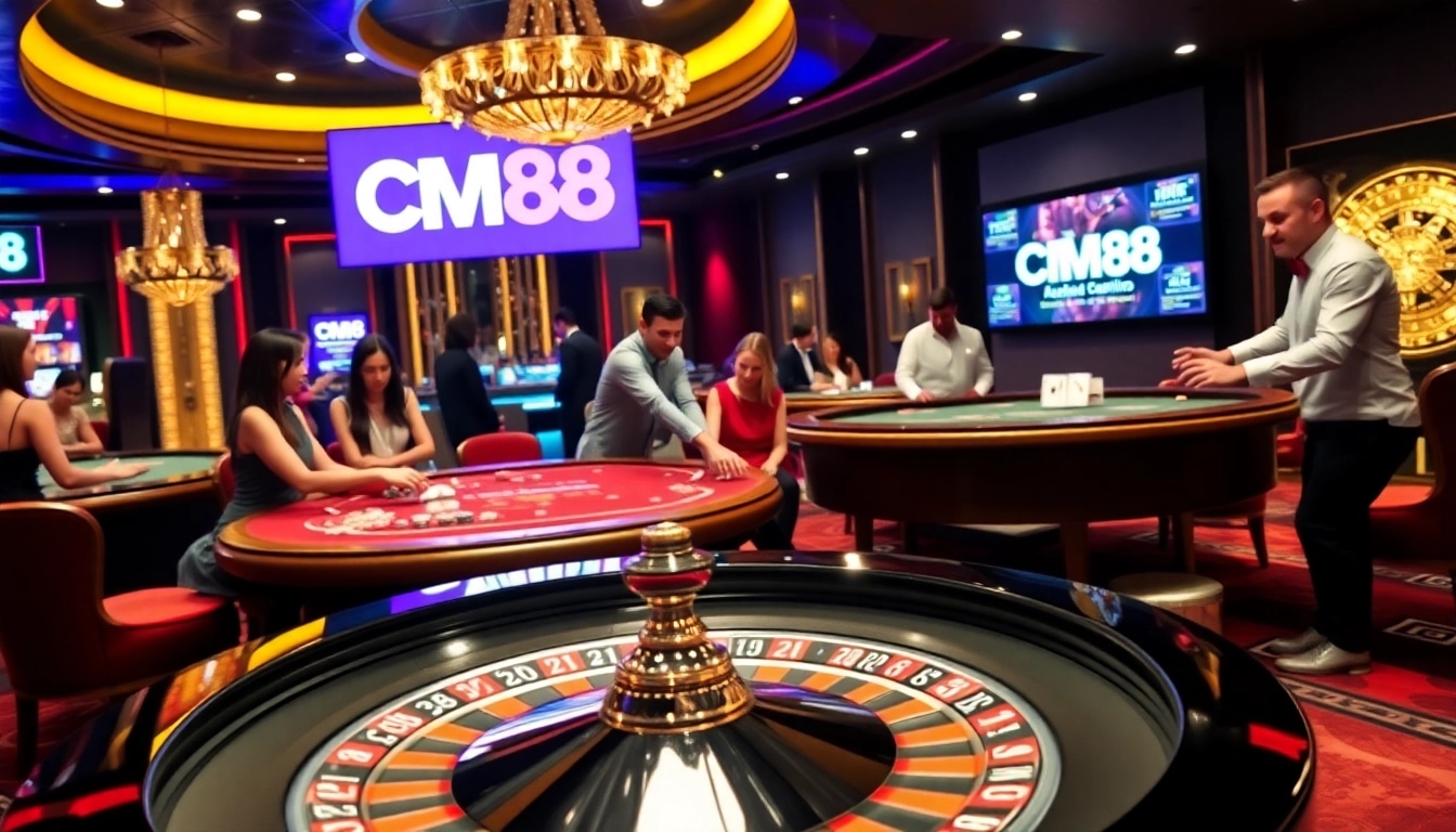 Engaged players enjoying high-stakes games at CM88 casino with vibrant roulette and poker tables.