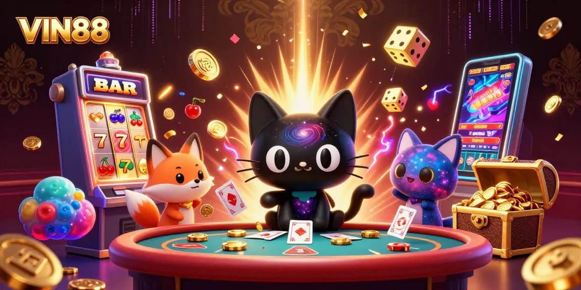Experience the excitement of winning at VIN88 with vibrant casino elements bursting in a cosmic scene.