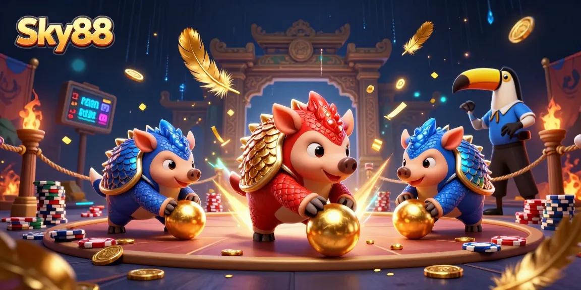 Sky88 gamblers cheer as rival pangolins roll golden balls among poker chips in an energetic casino illustration.