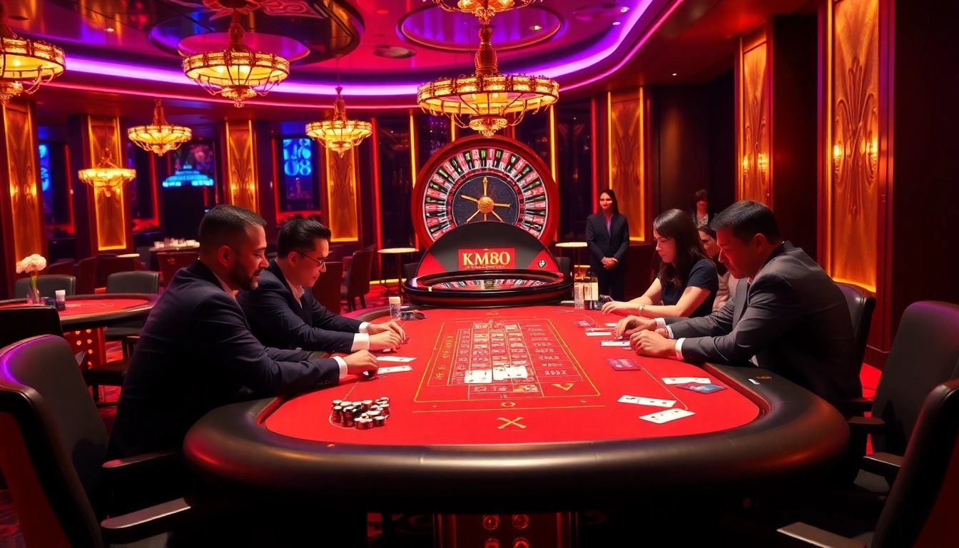 Experience the thrill of km88 with players at an upscale poker table in a luxurious casino environment.