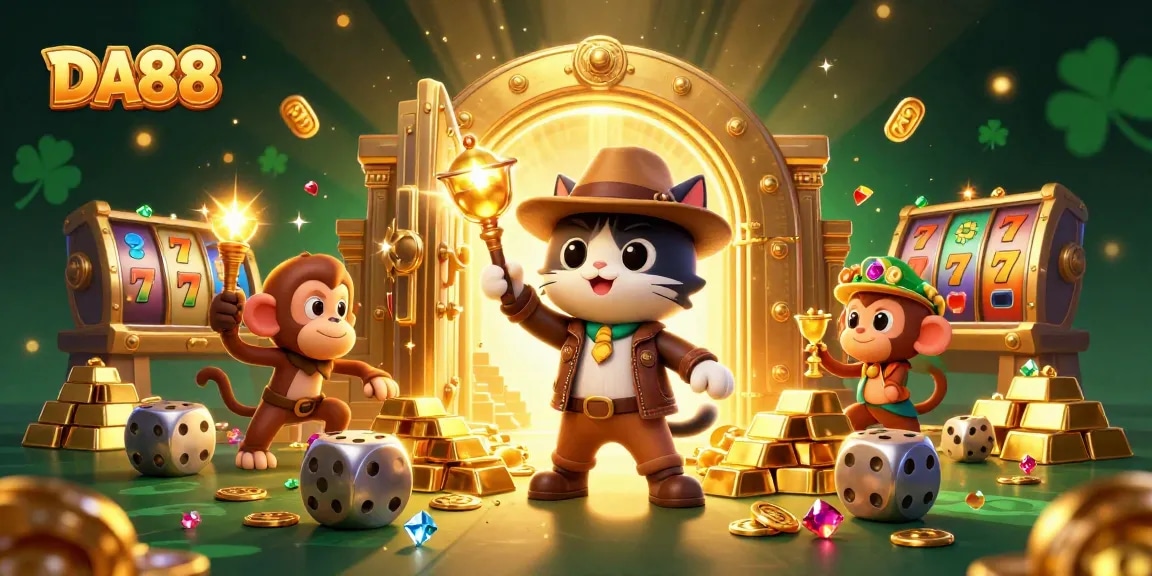 Win big with DA88 in this vibrant casino-themed adventure illustration featuring golden treasures and lively game elements.