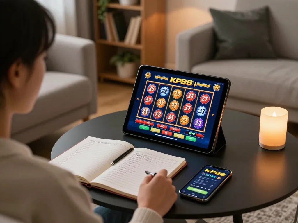 Engaging in KP88 SLOT on a tablet, cozy home atmosphere with gaming strategy notes.