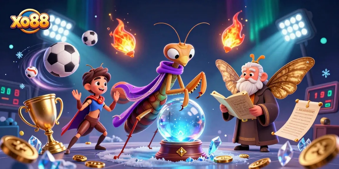 Engage with xo88's mystical fortune teller and wise moth in a vibrant sports-themed scene.
