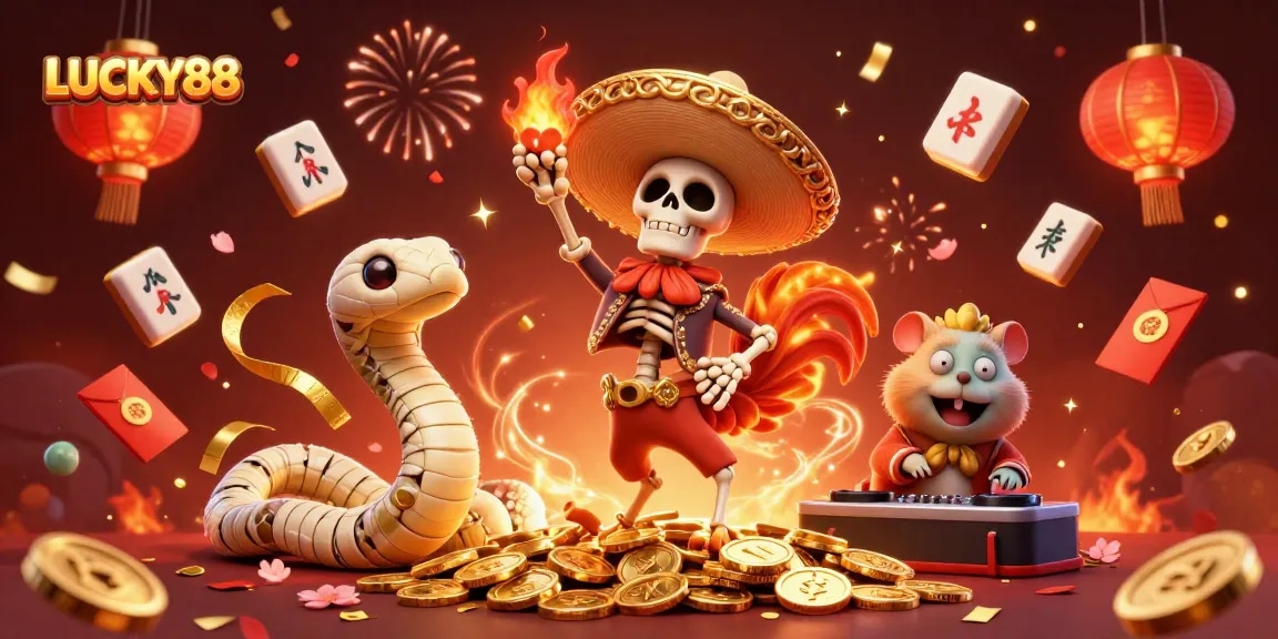 LUCKY88 highlights thrilling moments of victory with dynamic casino-themed characters and festive elements.