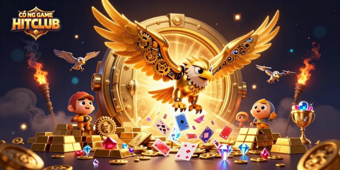 CỔNG GAME HITCLUB showcases a dynamic illustration with a golden eagle diving amidst holographic cards and treasure elements.