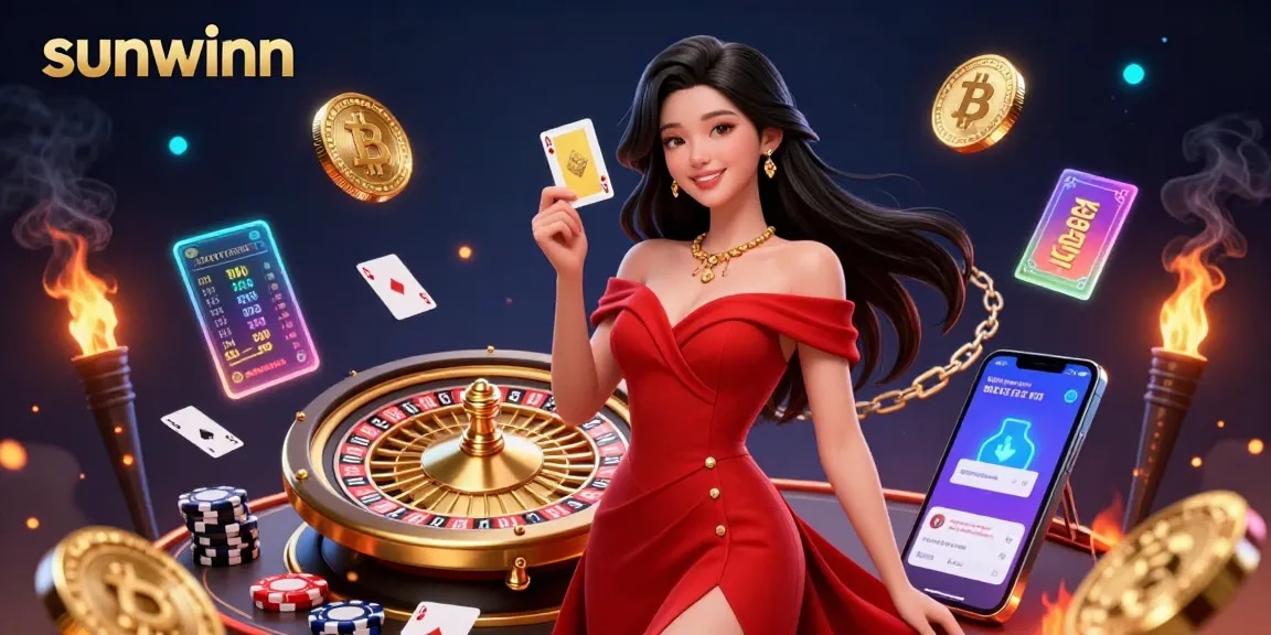 Experience the thrill at sunwinn casino with a beautiful dealer, roulette, and crypto elements.