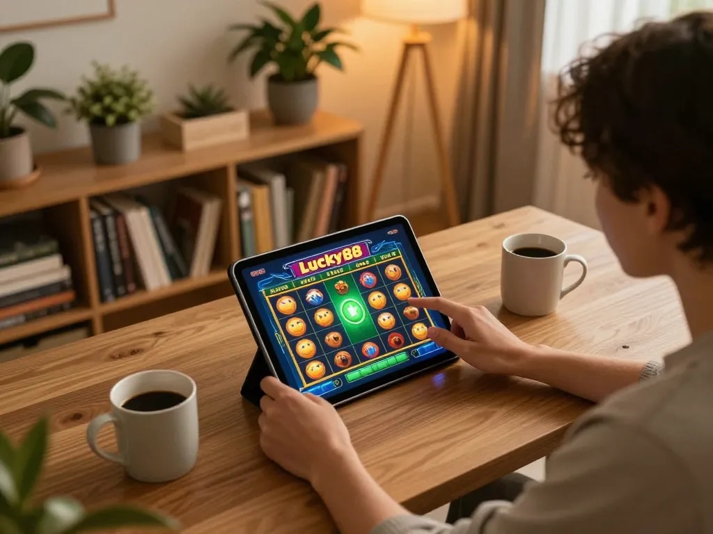 Engaging in a thrilling Lucky88 slot game on a tablet at home, emphasizing relaxation and responsible gaming.