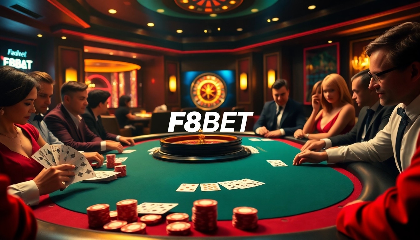 Gamblers enjoying a lively poker game at F8BET casino, showcasing thrill and strategy.
