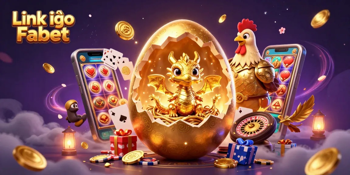 Win big with Link vào Fabet, illustrated with a rich casino scene featuring a golden egg dragon.