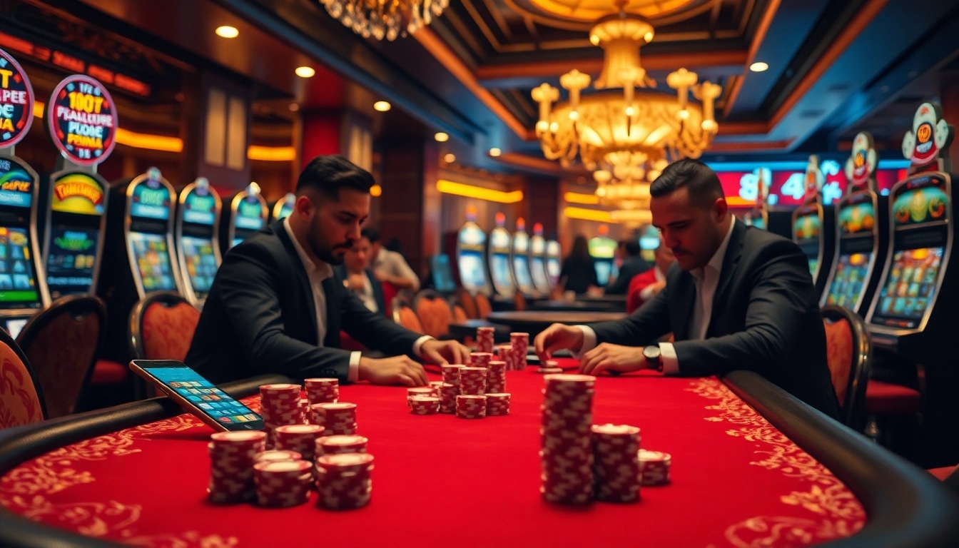 Engaging players at a high-stakes poker table, reflecting the excitement of nhà cái 8XX in a vibrant casino atmosphere.