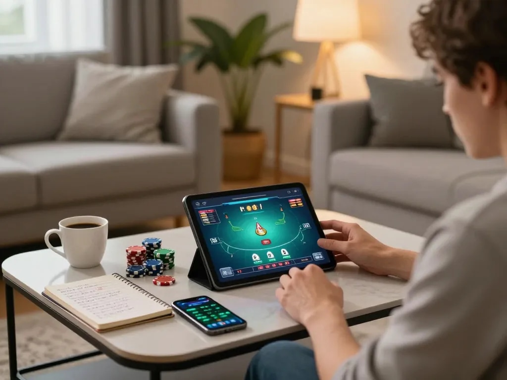 Engaged player at home using tablet for online poker with tx88 chips nearby, emphasizing strategic gaming.