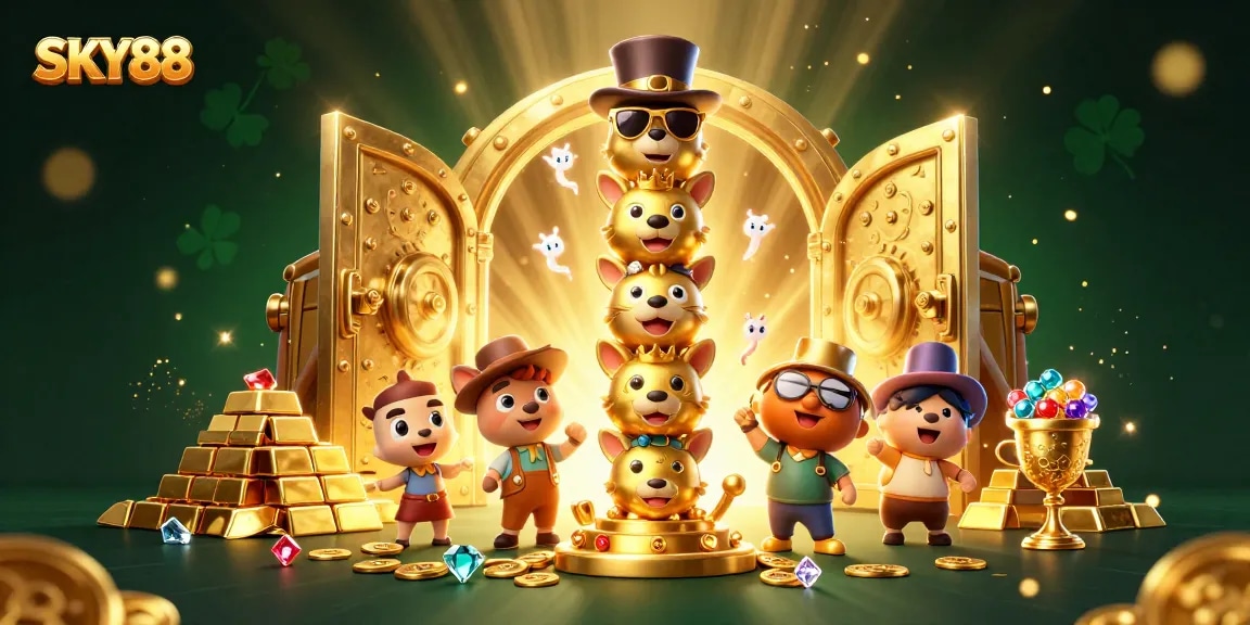 Engage with the thrilling world of SKY88 featuring a golden totem pole amidst vibrant casino treasures.