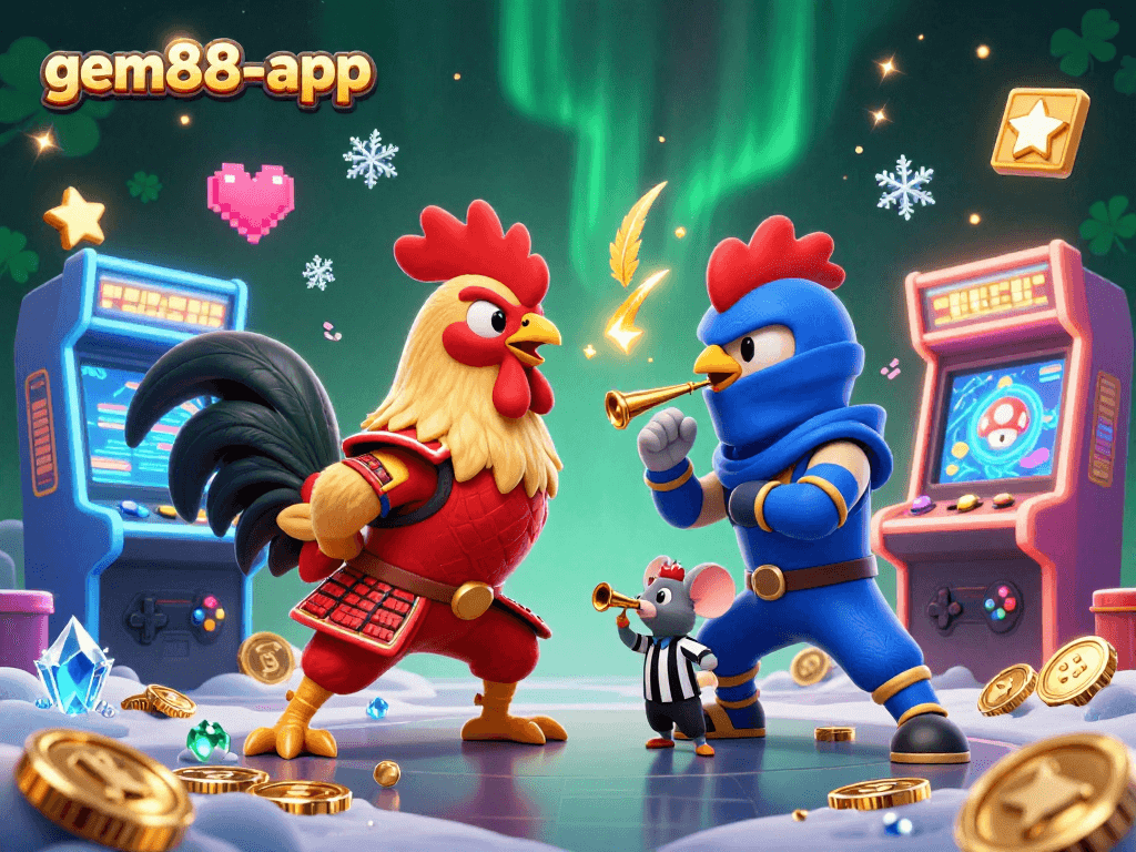 Engage in thrilling adventures with gem88-app showcasing epic rooster duels in a vibrant casino setting.