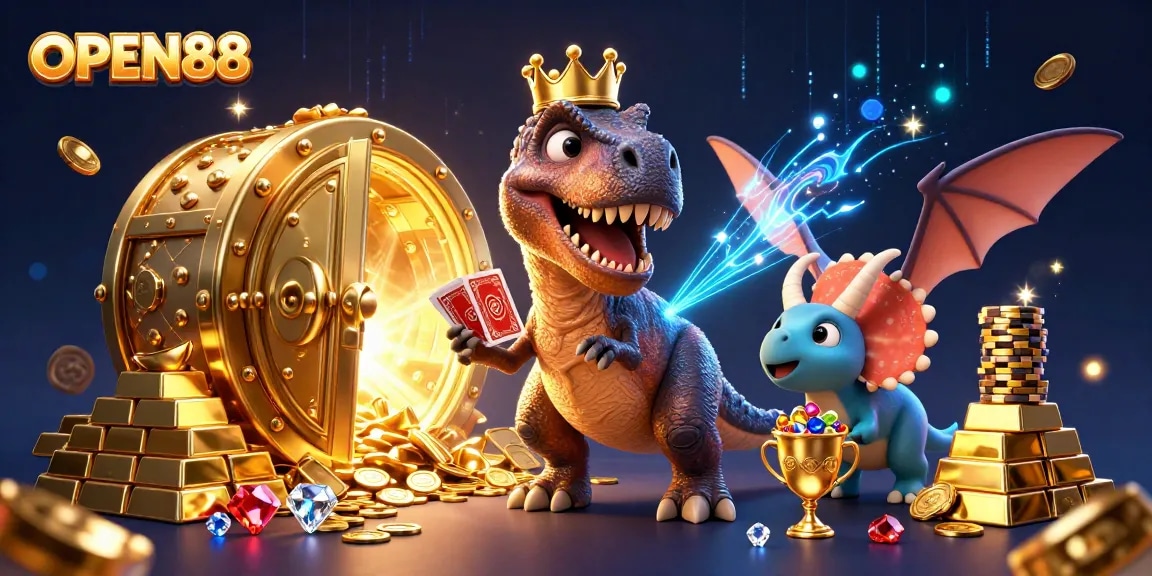 Engage in the vibrant gaming world of OPEN88 with a fun T-Rex, pterodactyl, and triceratops depicted in a colorful casino scene.