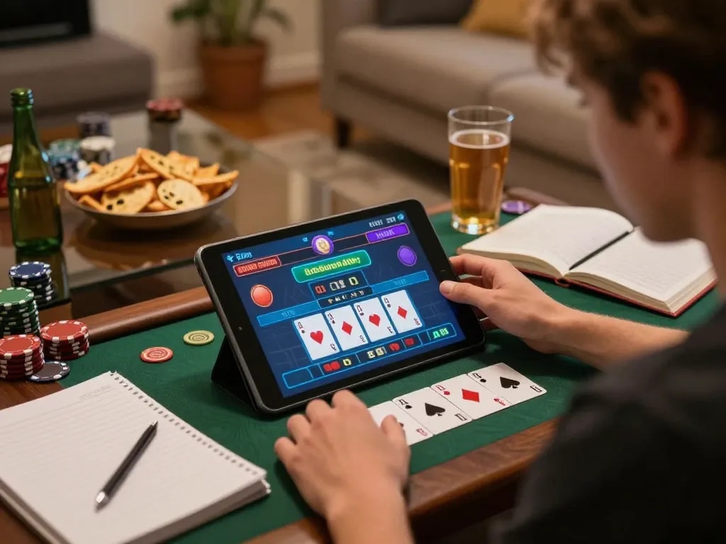 Engaged player strategizing while using https://cm888.mobi/ for live dealer blackjack at home