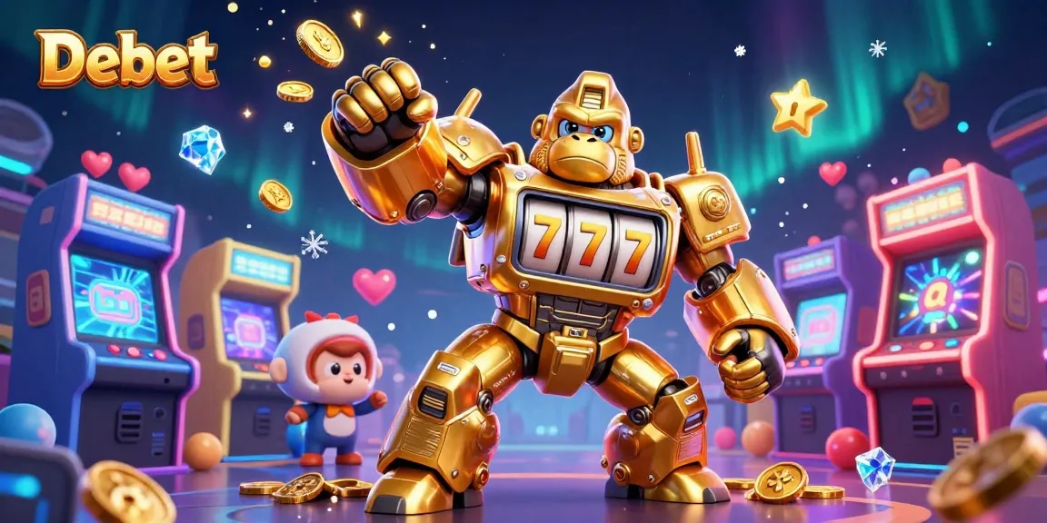Engage with exciting casino gameplay featuring Debet's golden gorilla mech amidst vibrant gaming elements.