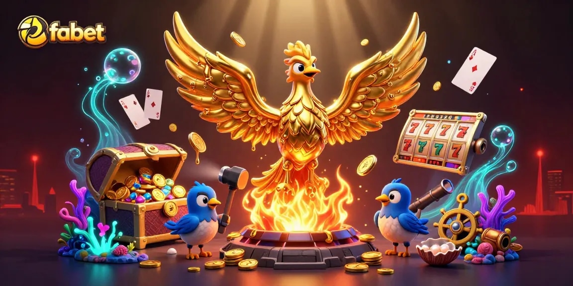Experience fabet's vibrant gaming with a golden phoenix rising amidst treasures, symbolizing fortune.