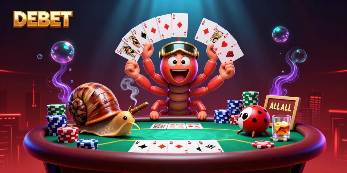 Engage in exciting poker action with DEBET's 3D cartoon millipede dealer, vibrant poker elements, and a lively casino atmosphere.