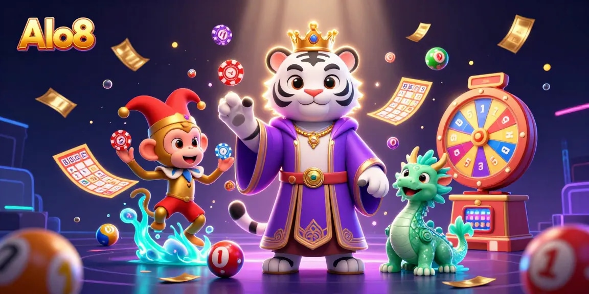 Play the exciting rewards at Alo8 amid vibrant lottery elements and engaging characters.