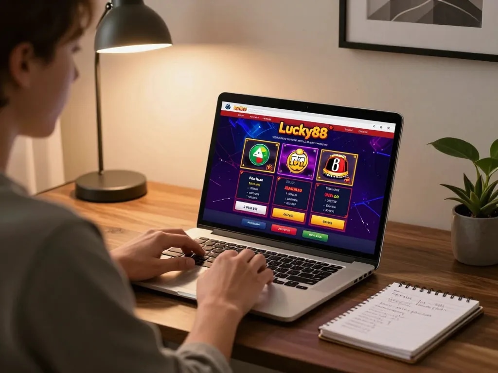 Player enjoying Lucky88's online games on a sleek laptop, emphasizing strategic engagement.