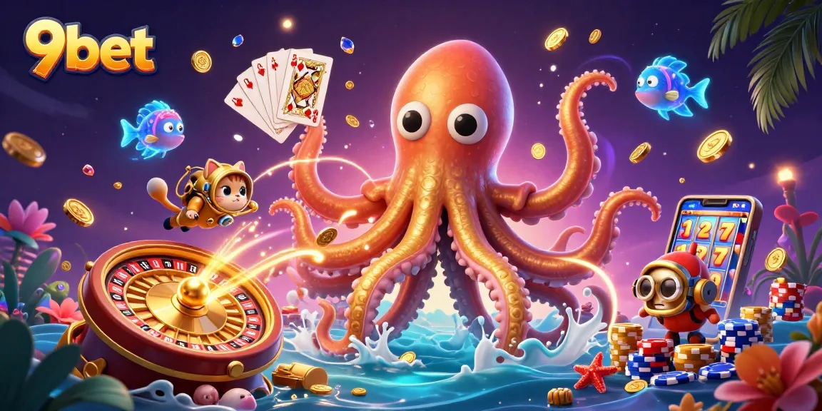Engage with 9bet's exciting casino offerings featuring a kraken and diving cat in a treasure-filled underwater scene.