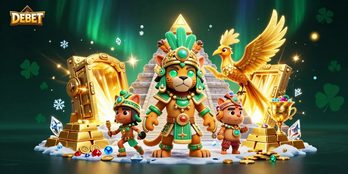 Engage in thrilling DEBET gaming with 3D Mayan jaguar priest and gold treasures.