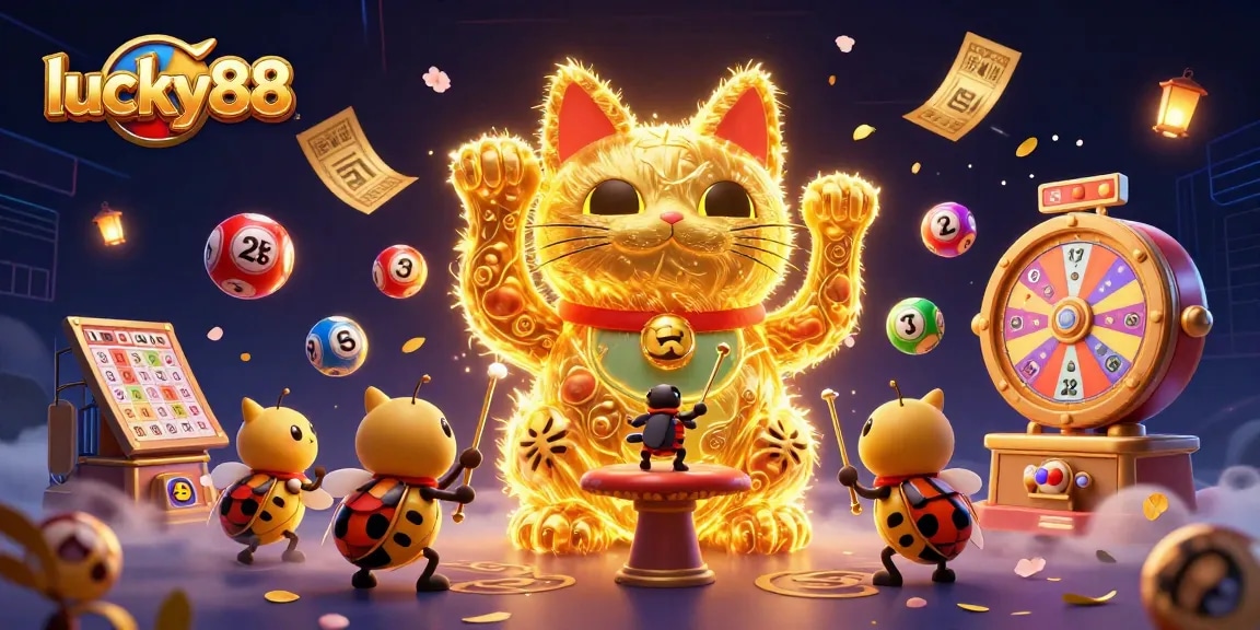 Engage with lucky88 in an ultra-detailed 3D illustration showcasing dynamic lottery elements and the vibrant lucky cat.