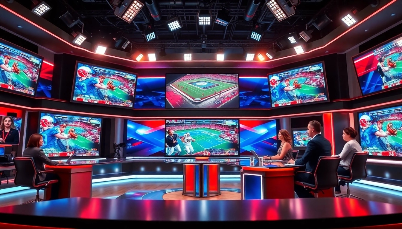 Engaging sports broadcasting studio showcasing live events and energetic reporters.