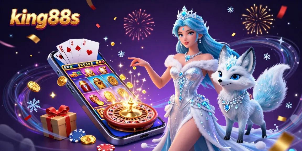 Experience thrilling gambling action with king88s, showcasing a dynamic scene filled with online slot games, vibrant characters, and festive elements.