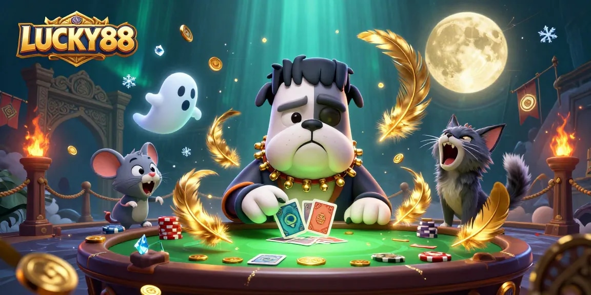 Join the action at LUCKY88; animated characters create excitement at a casino table filled with gold.