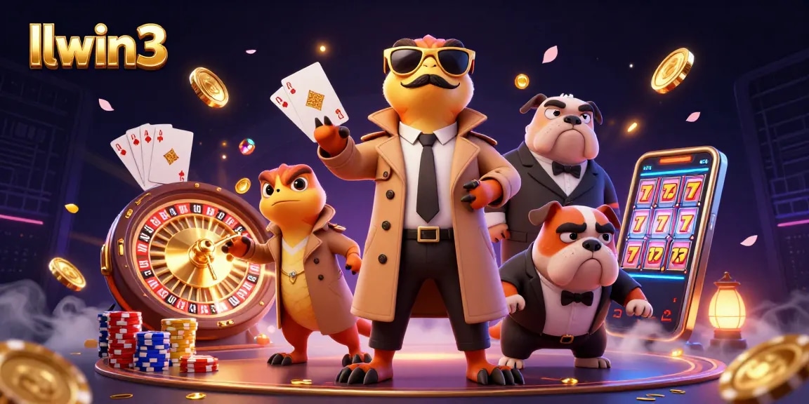 LLWIN3's VIP casino lounge scene featuring raptors and a bulldog bouncer amidst gold coins and games.