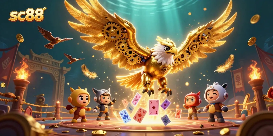 Experience thrilling gameplay at sc88 with cybernetic eagle soaring through a vibrant casino scene.