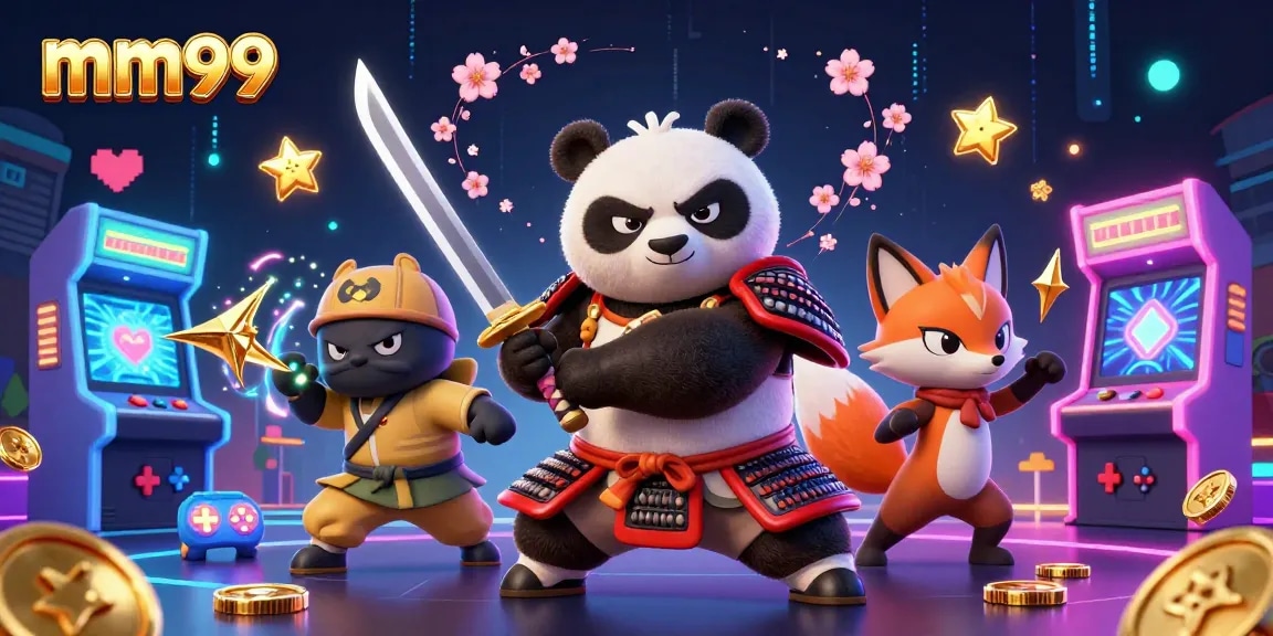 Experience thrilling betting action at mm99, with a samurai panda and ninja fox in a vibrant casino world.