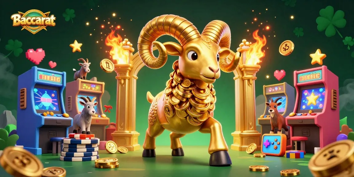 Baccarat action illustrated with a golden ram charging through a vivid casino world.