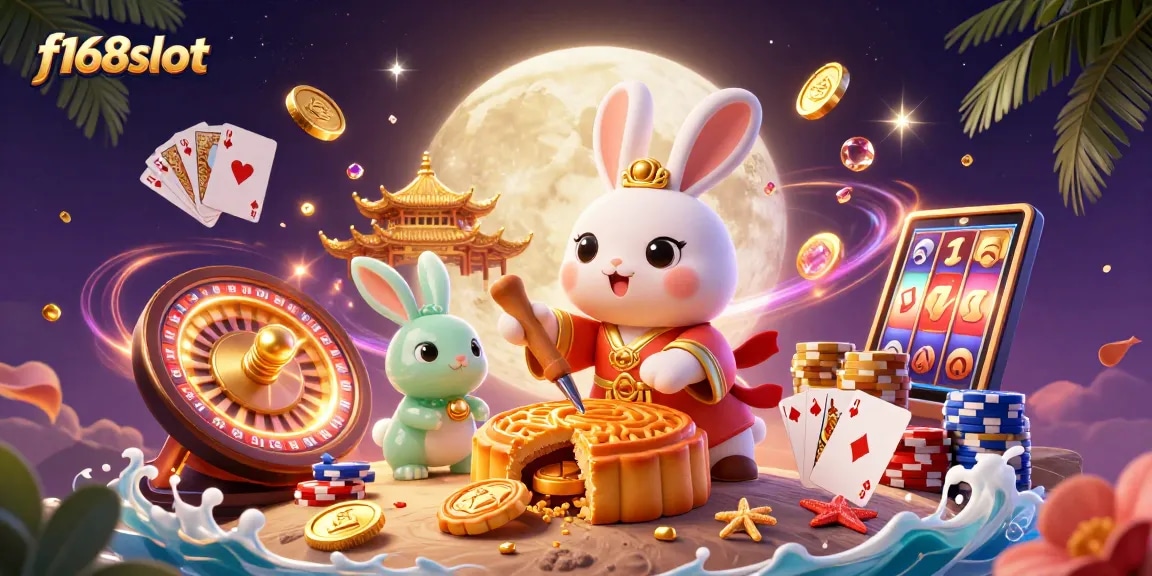 Win big with f168slot: A vibrant 3D illustration of a lunar casino scene with playful elements.