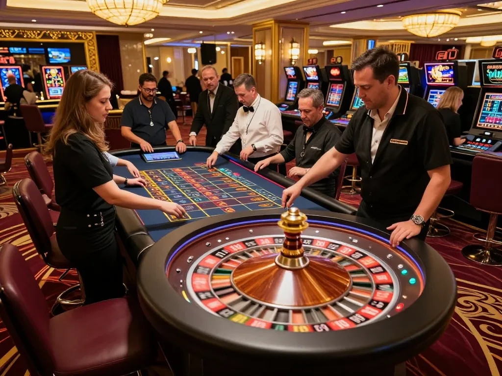 Exciting gameplay at the 98win club with players placing bets at a roulette table in an upscale casino.