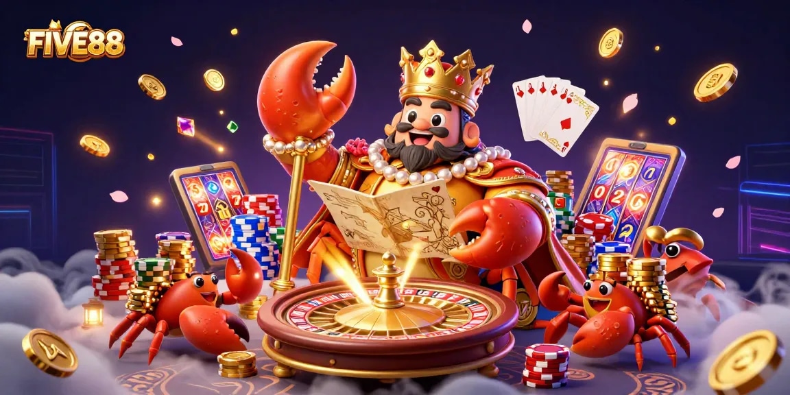 Engage with FIVE88's exciting gaming universe featuring a golden crab emperor amidst dynamic casino visuals.