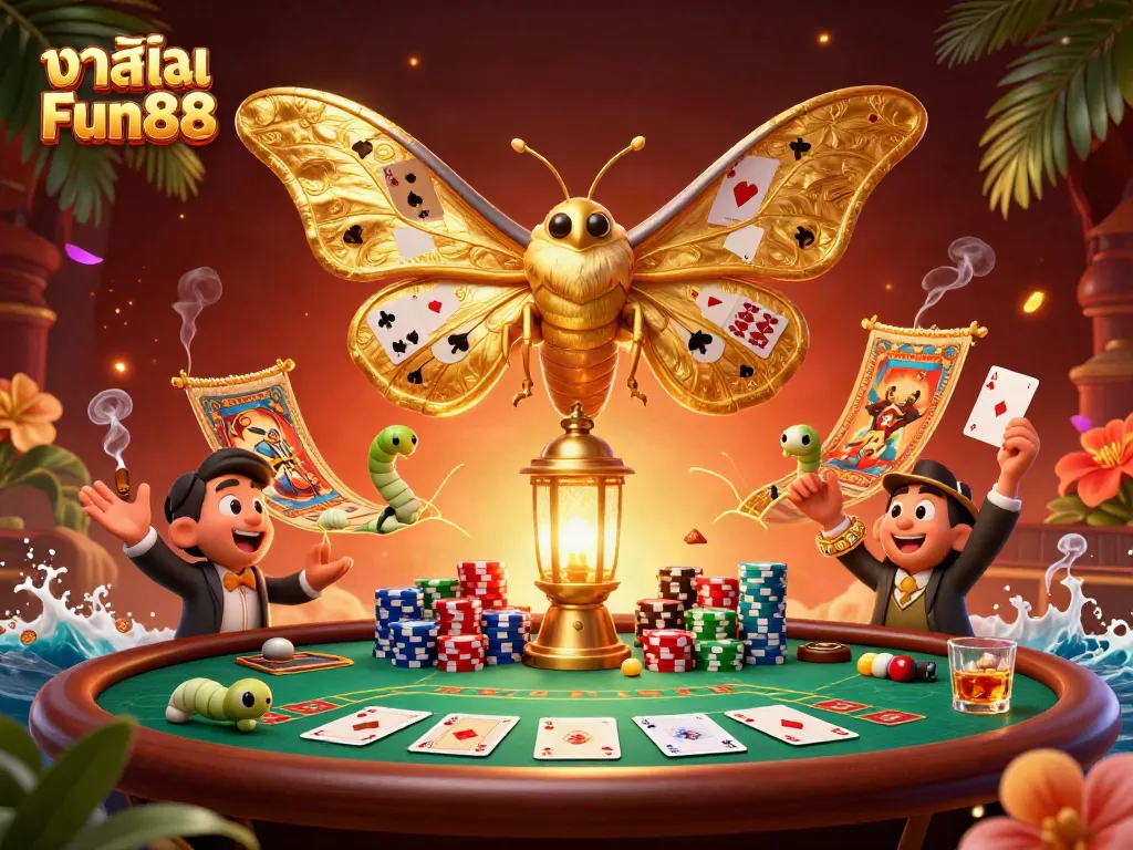 Engage in คาสิโน Fun88 with a vibrant scene depicting live casino elements and thematic creatures.