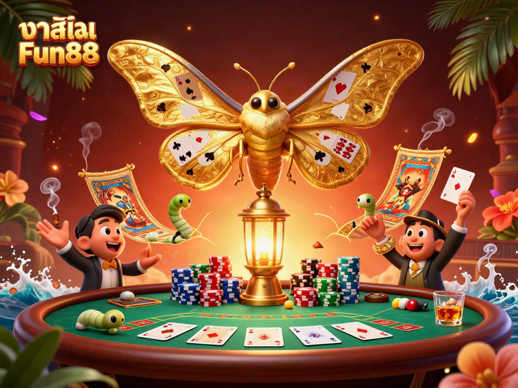 Engage in คาสิโน Fun88 with a vibrant scene depicting live casino elements and thematic creatures.