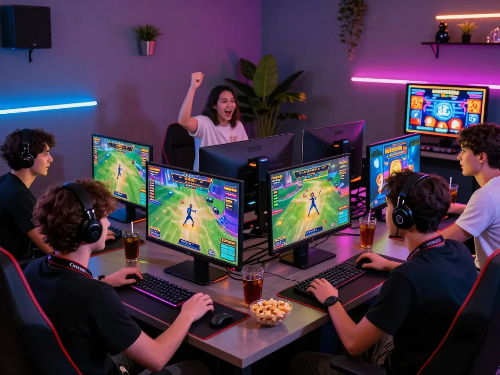 OPEN88 gaming environment with friends enjoying exciting online casino games and sports betting, vibrant atmosphere of entertainment.