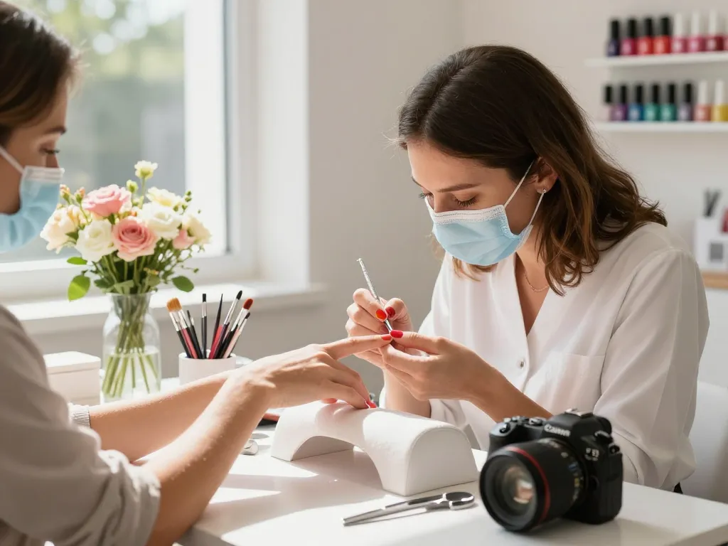 Professional nail technician applying gel polish in a hygienic salon setting.