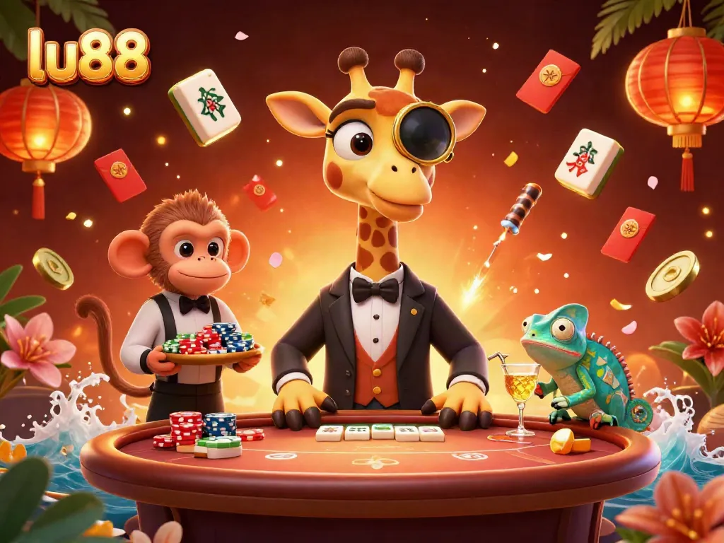 Experience exciting gameplay at lu88 with a lively casino scene featuring animated characters indulging in gaming activities.