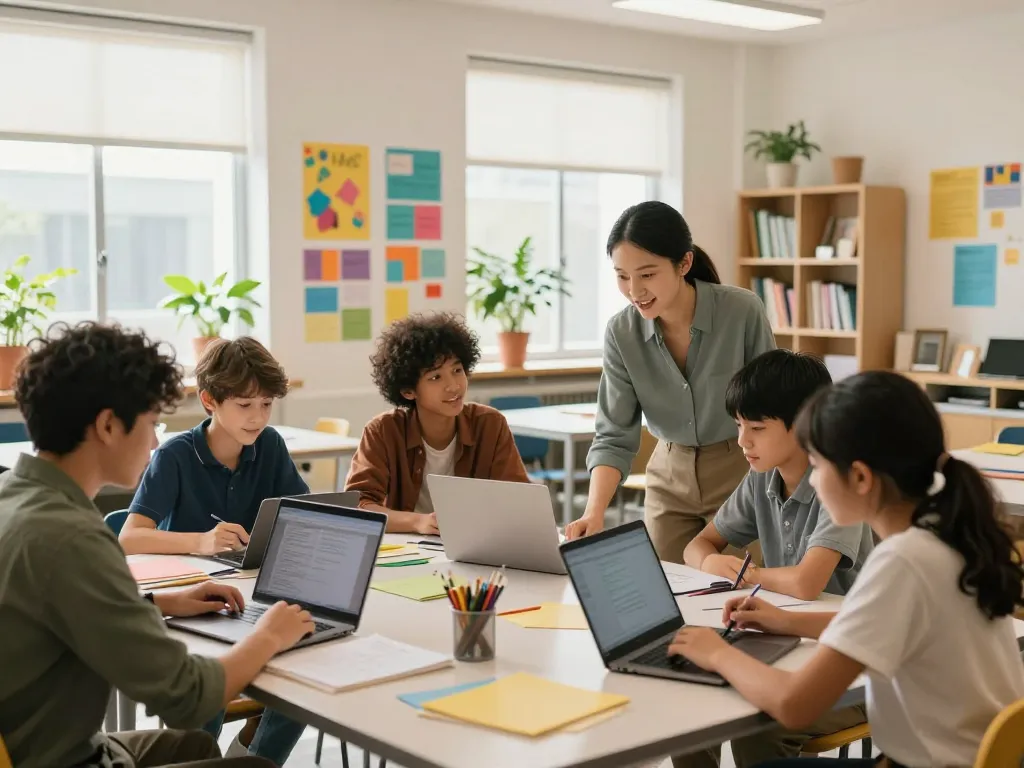 Active learning environment at https://da88.education/ with students collaborating on projects using laptops and tablets.