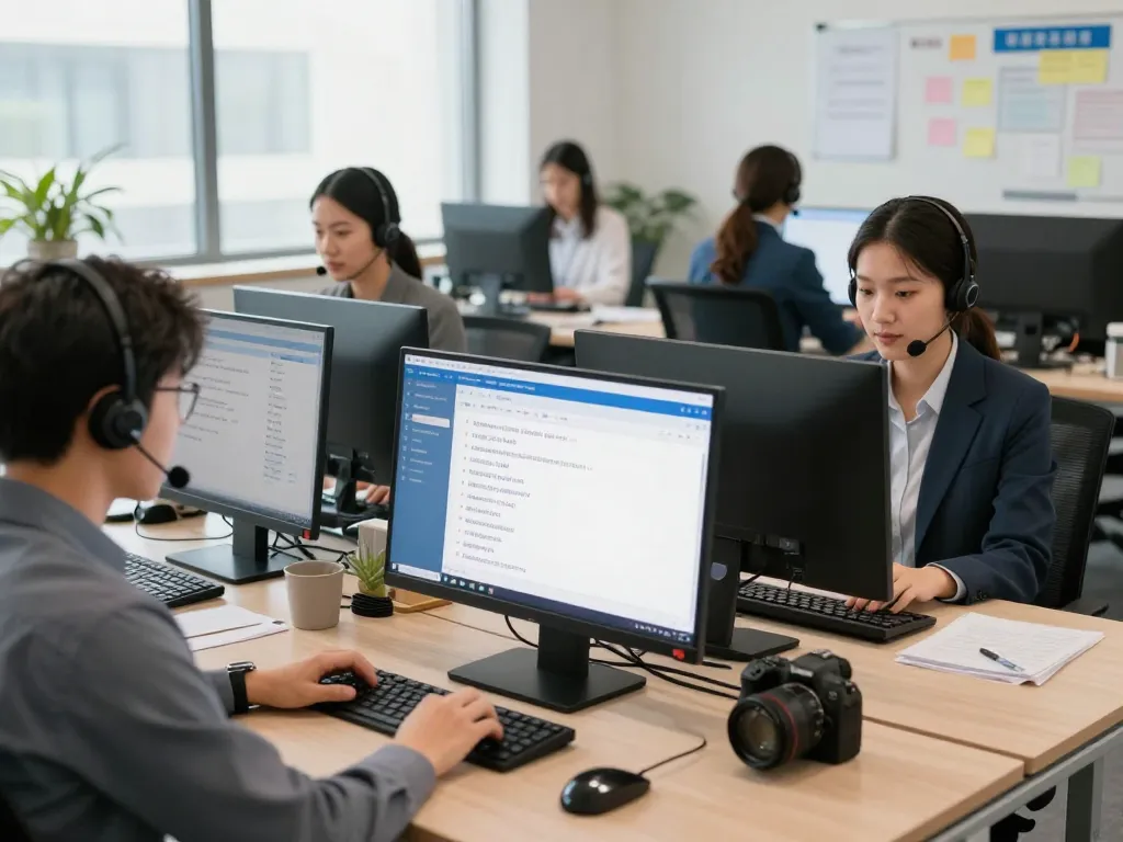 在繁忙的办公室中，通过使用易翻译电脑版突出多语言沟通的便利性。