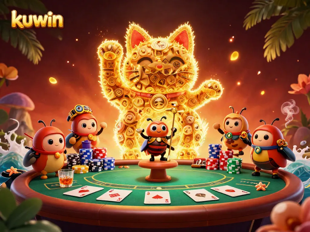 Kuwin showcases a vibrant 3D scene with a lucky cat and casino elements, signifying thrilling gambling.