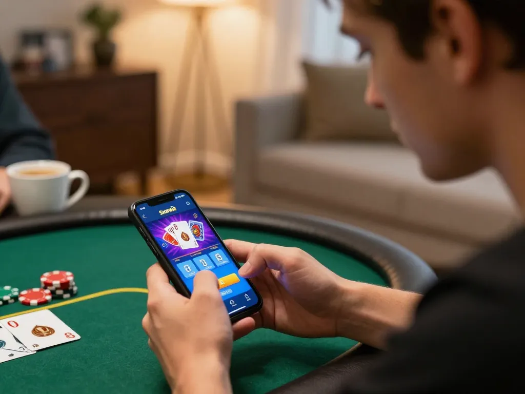 Engaged player using the Sunwin app for strategic online gambling in a cozy home setting