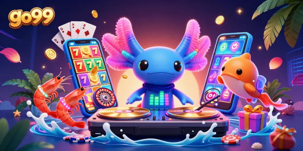 Engage with exciting go99 slot games featuring vibrant neon characters and dynamic casino elements.