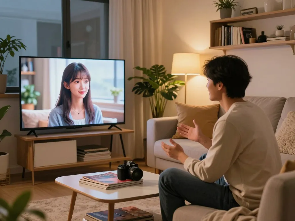 Engaging with a lifelike girlfriend AI in a cozy living room setting, showcasing emotional companionship.