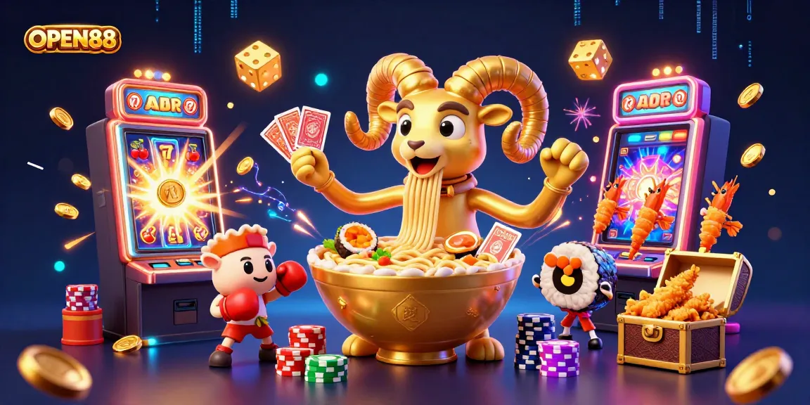 Engage with OPEN88's thrilling gaming experience featuring a lively scene of animated casino characters and dazzling winnings.